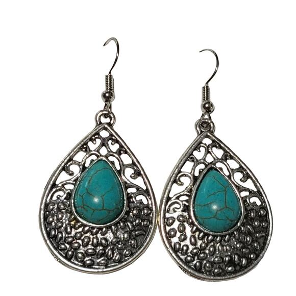 Silver Turquoise Stone Drop Dangle Fashion Earrings - Picture 1 of 2